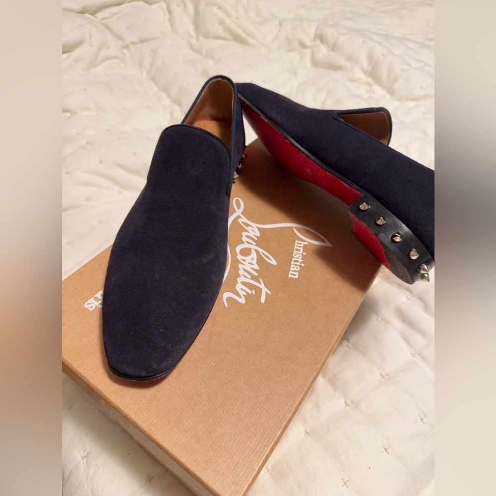 Christian Louboutin Men's Navy Suede Loafers with Red Soles